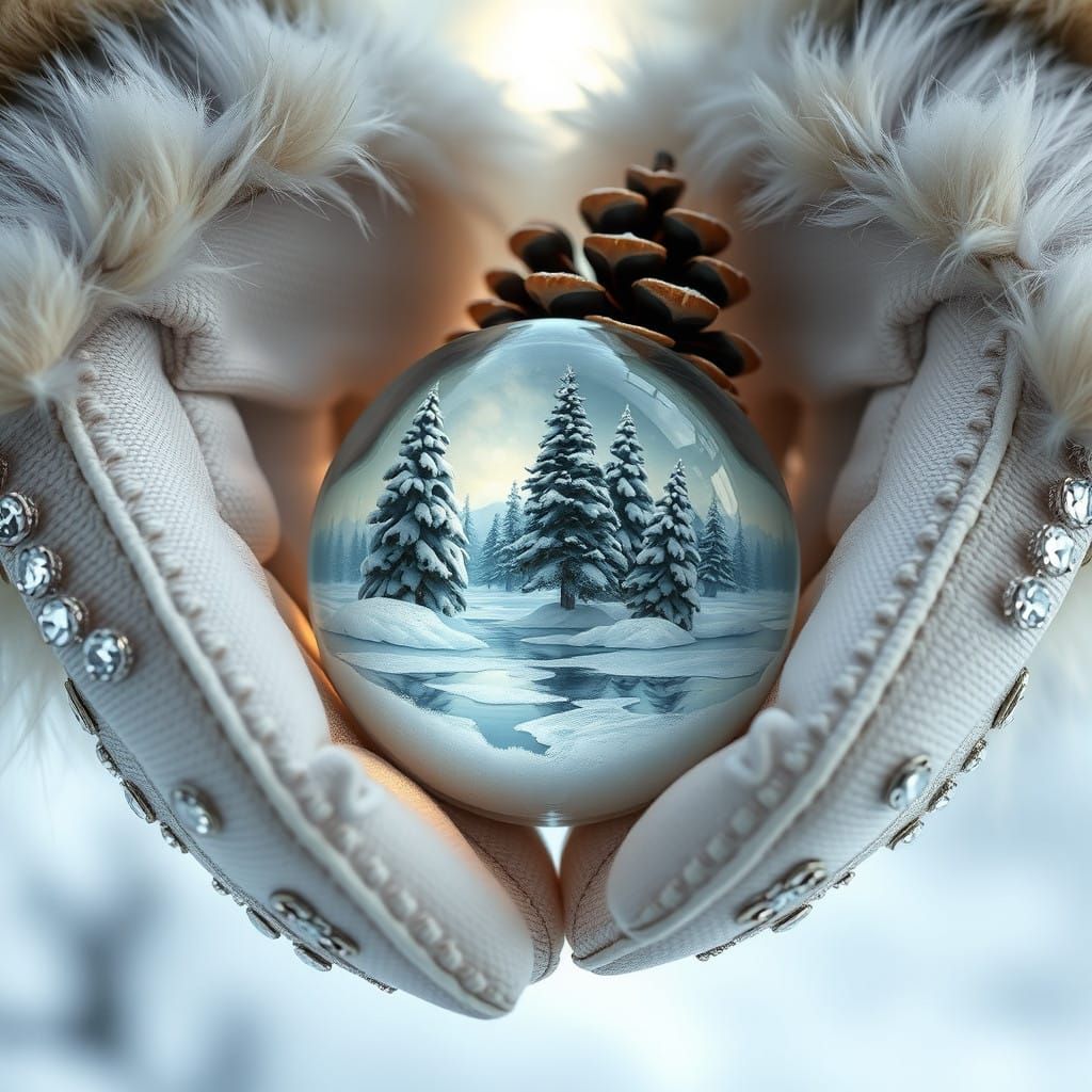 Crystal-Encrusted Winter Gloves Hold a Pine Cone Reveal Snow...