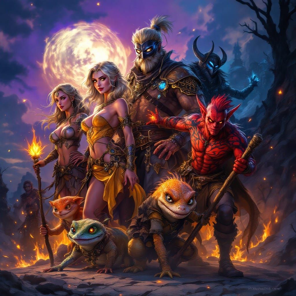 Fantasy Adventurers in a Vivid Twilight Landscape