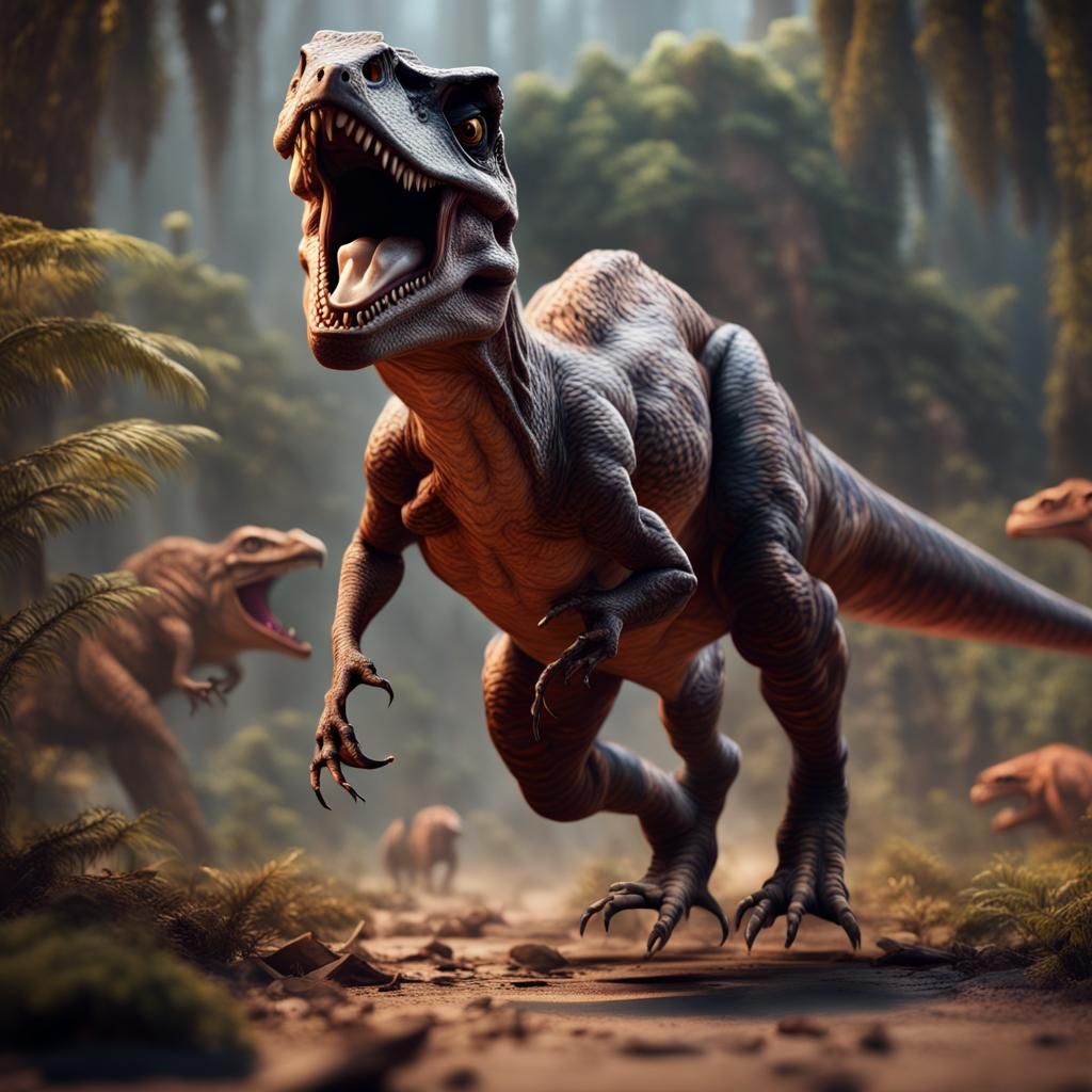 Tiny Raptor Evading T-Rex: Detailed Matte Painting