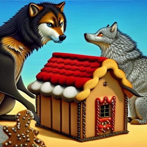 Chibi Wolf Eats Gingerbread House: Surreal Art