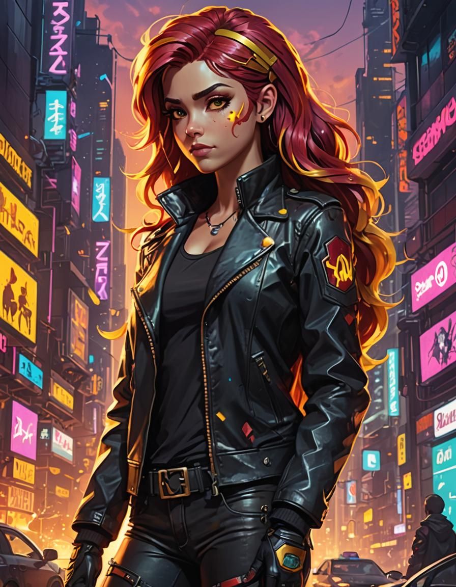 Sunset Shimmer in Leather Jacket, Cyberpunk Art
