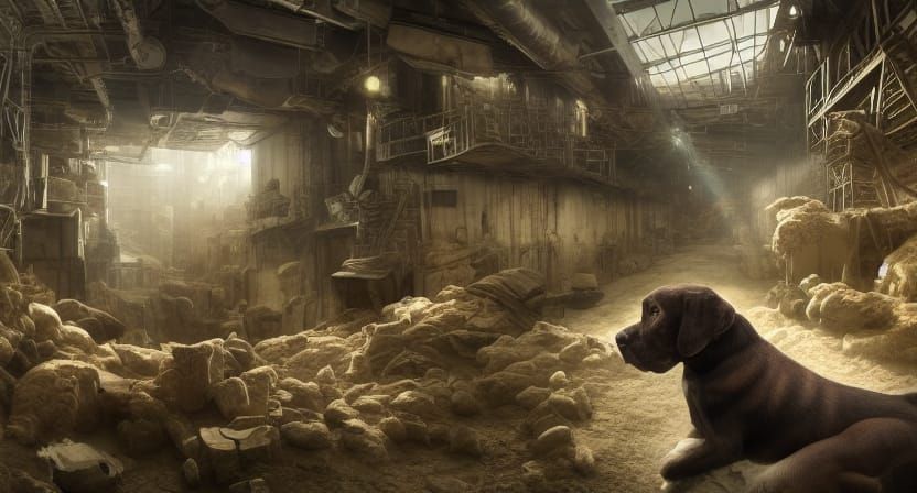 Dog in Dive Factory: Detailed Matte Painting