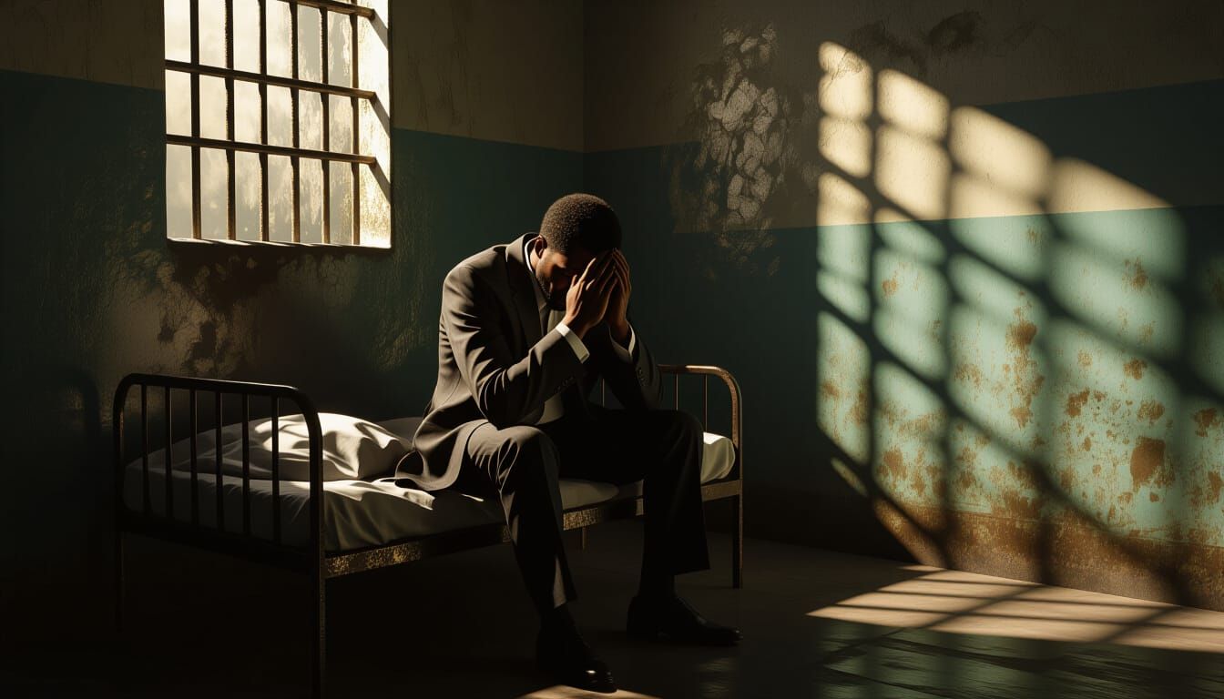 Pastor Weeping in Dark Nigerian Jail Cell in Rembrandt Style