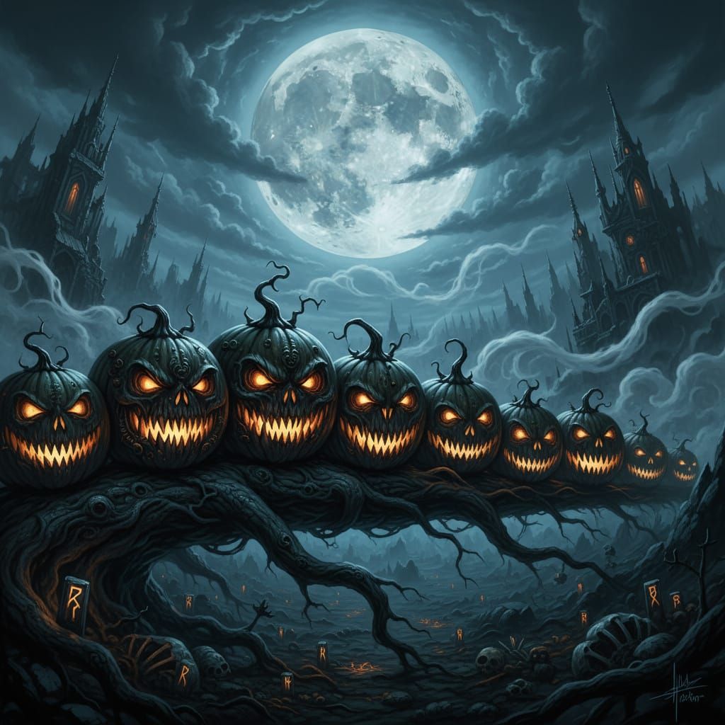 Eerie Halloween Pumpkins Under Full Moon in Foggy Night