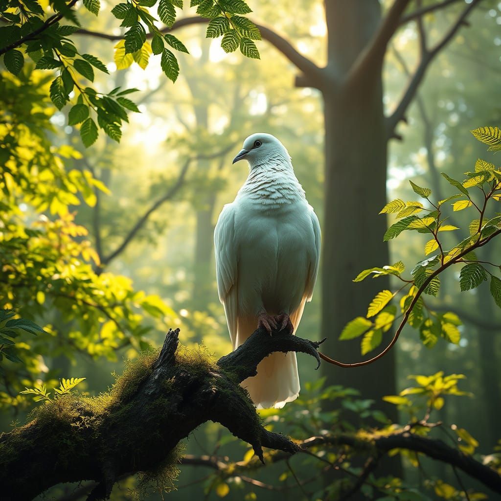 Ethereal White Pigeon in Lush Forest