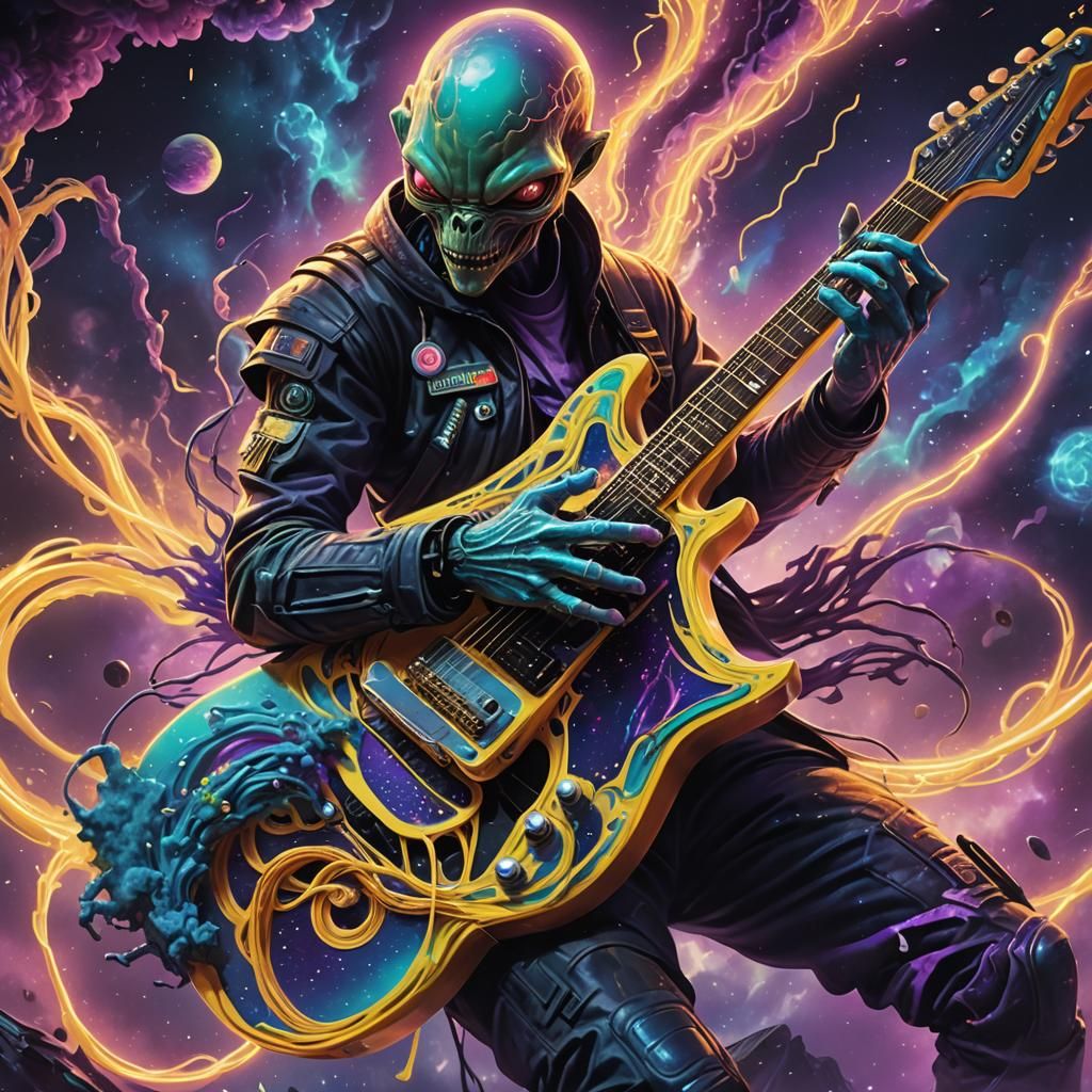Alien Shreds Intergalactic Guitar in Neon Space Clouds
