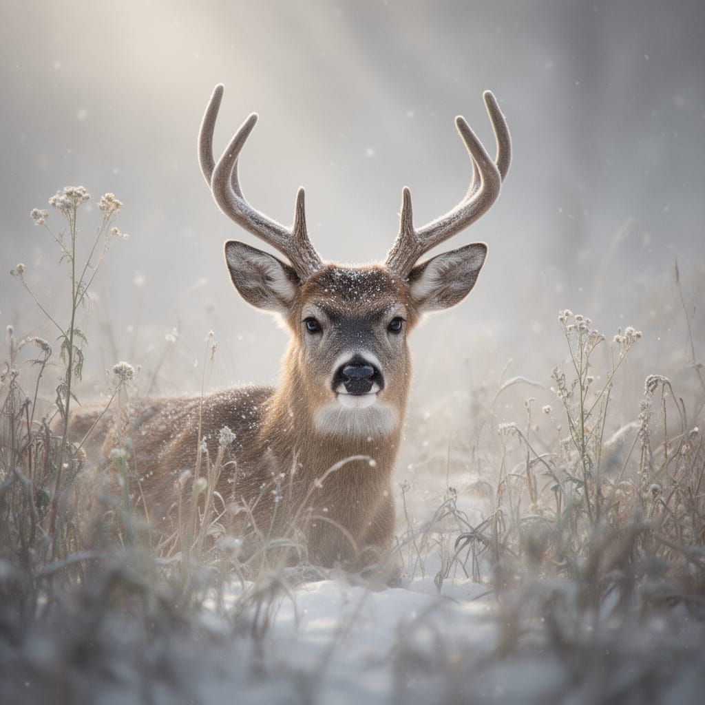 Serene Deer in Snowy Misty Landscape