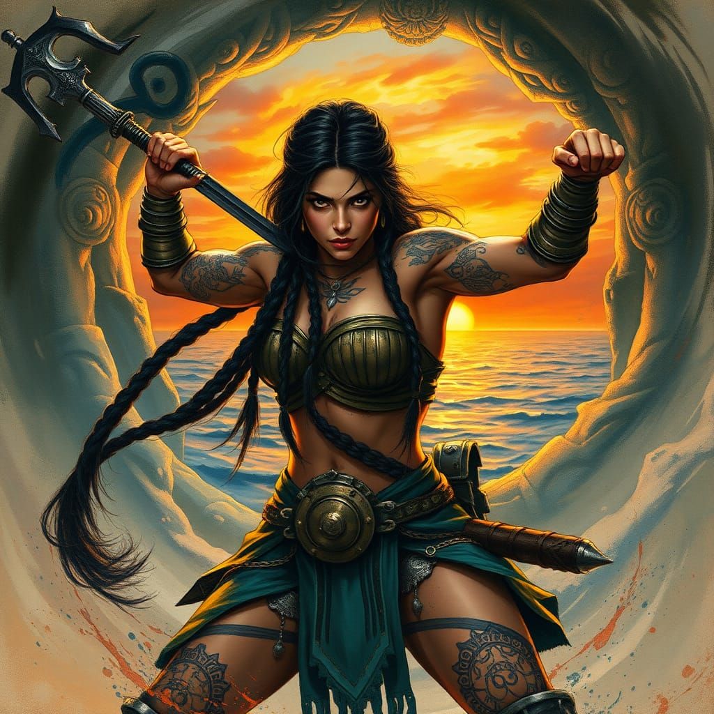 Latina Warrioress in Action Pose, Impasto Seascape