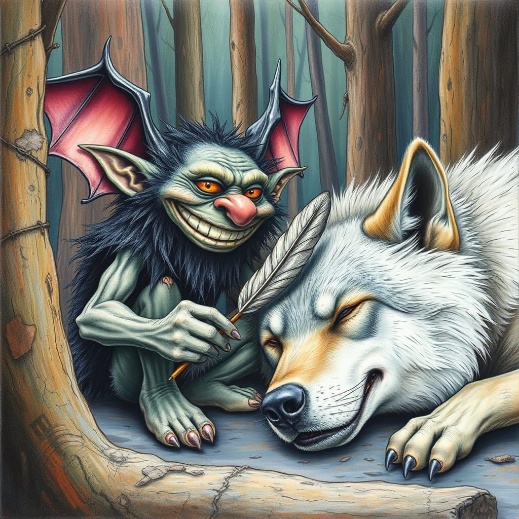 A Grinning Troll Teases a Sleeping Wolf in Enchanted Woods