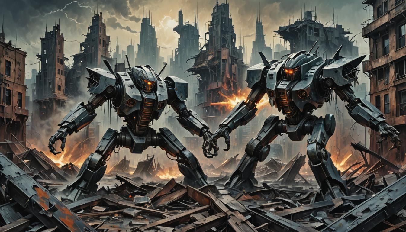 Mecha Battle in Surreal Abstract Landscape