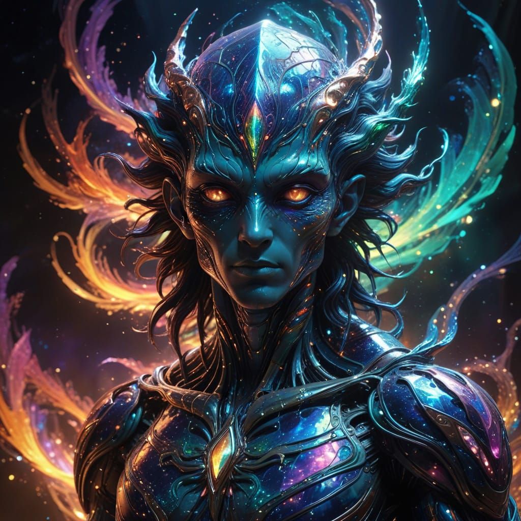 Majestic Alien in Vibrant Holographic Landscape