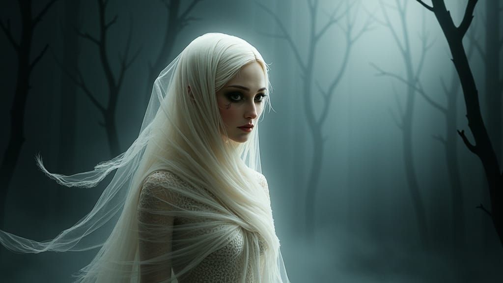 Glowing Veiled Creature in Gothic Dreamscape