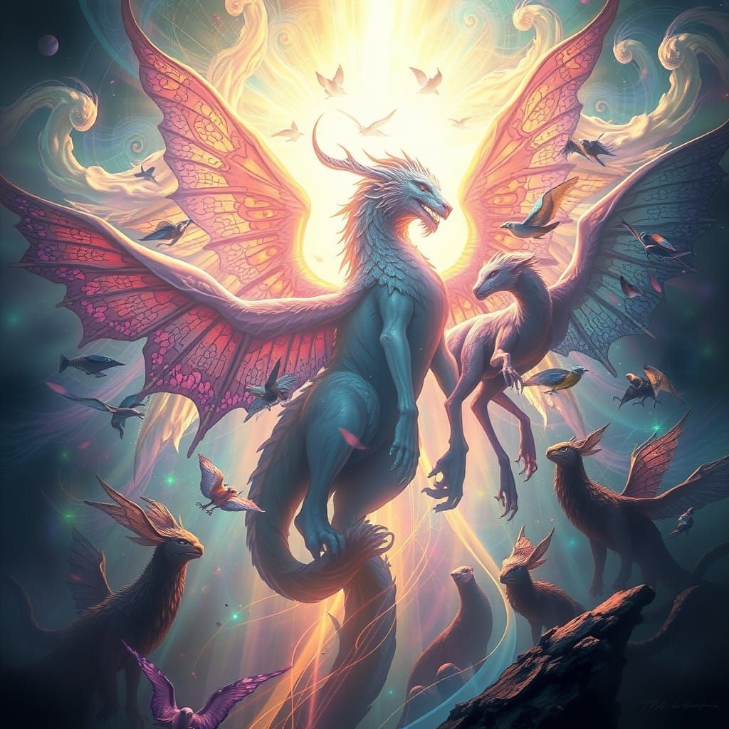 God's Radiant Presence Illuminates Fantastical Beings