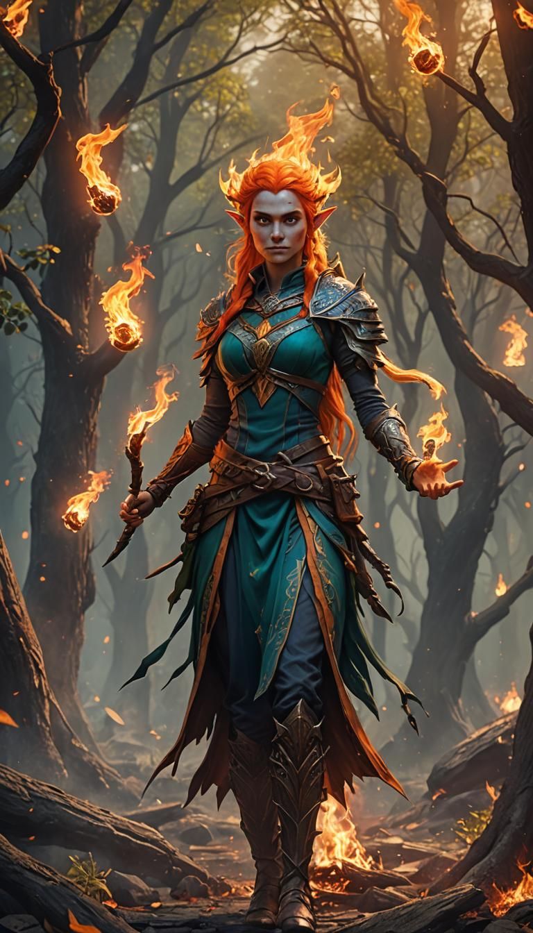 Elven Druid Wildfire Sprite Fantasy Art