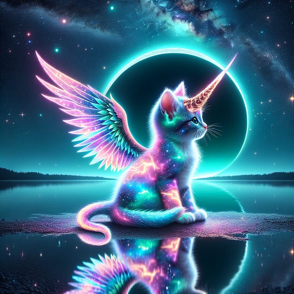 Neon Galaxy Kitten with Phoenix Wings
