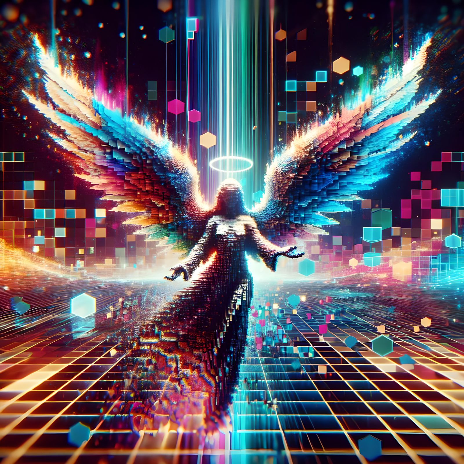 Vivid Glitching Angel with Polygonal Design
