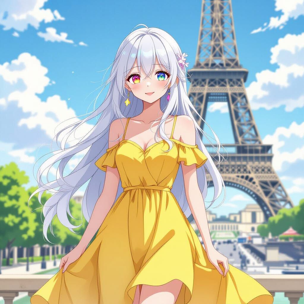 Anime Girl with Rainbow Eyes in Paris