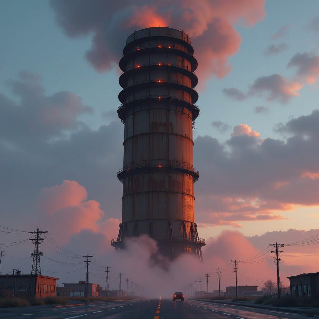 Cyberpunk Steel Tower in Dystopian Cityscape