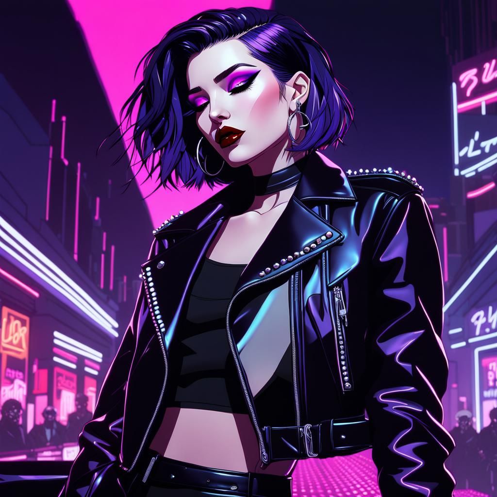 Goth Girl in Neon Club, Patrick Nagel Style