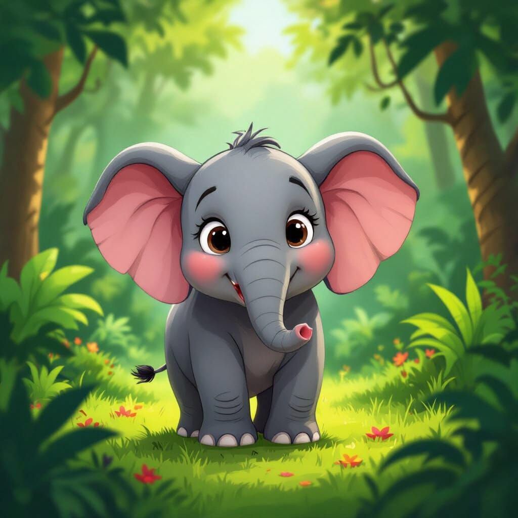 Playful Cartoon Elephant in Lush Jungle Clearing
