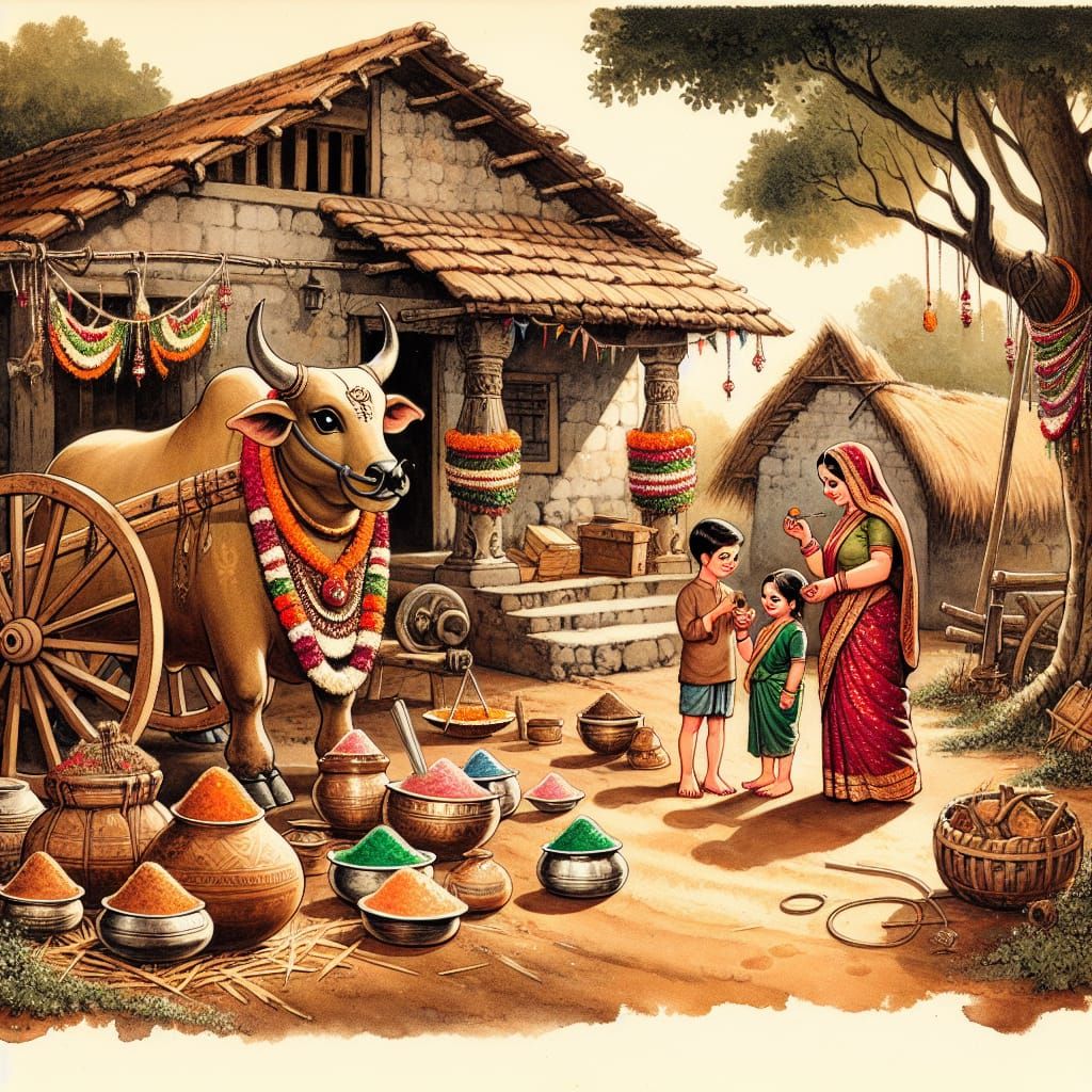Indian Village Celebrates Polala Amavasya in Watercolor Styl...