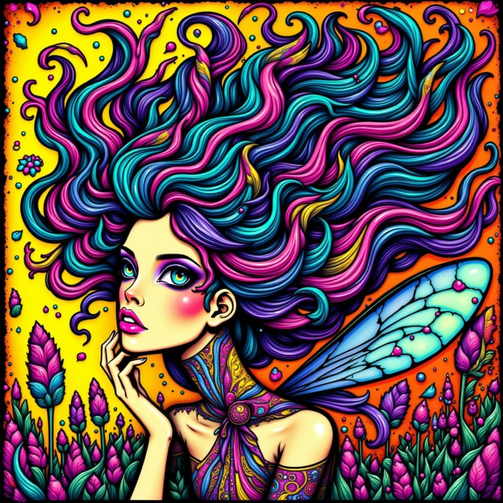 Whimsical Fairy with Voluminous Hair in Pop Art Style