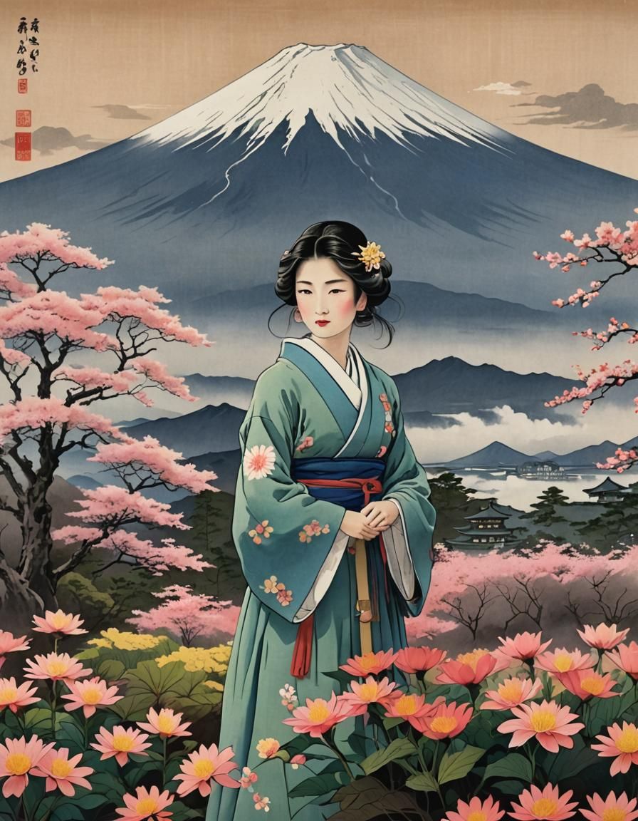 Mystical Woman-Flower with Mount Fuji Backdrop