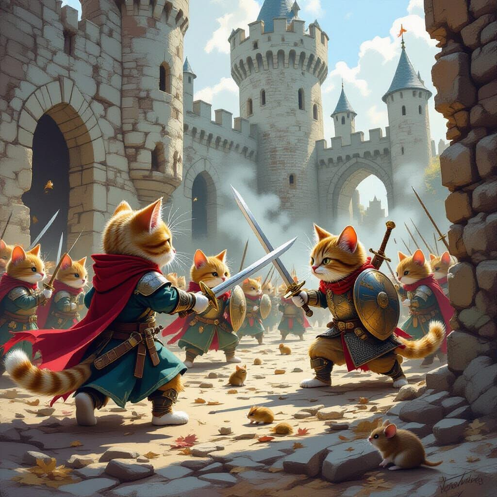Medieval Cats vs Mice Battle in Ruined Castle