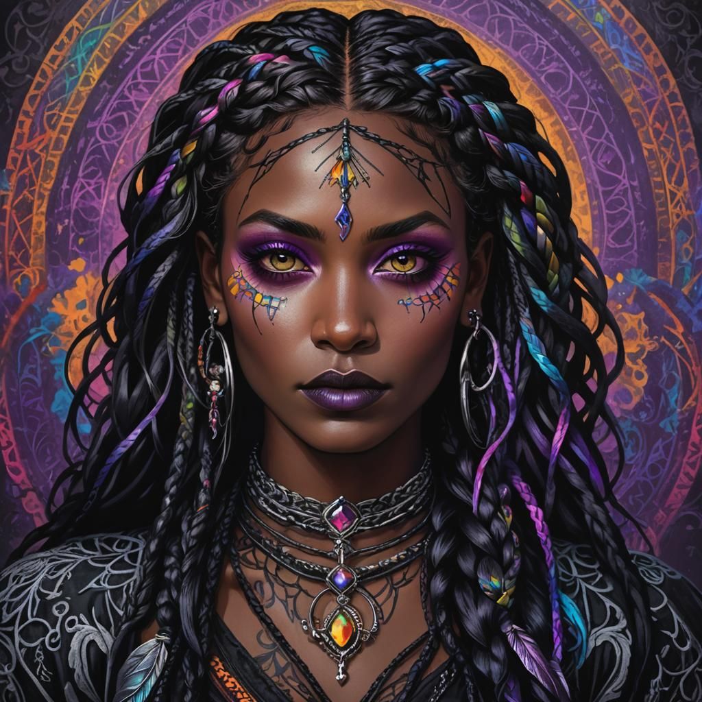 A striking, dark-skinned woman with a bold and unique gothic style. Her raven-black hair is intricately braided with vib...