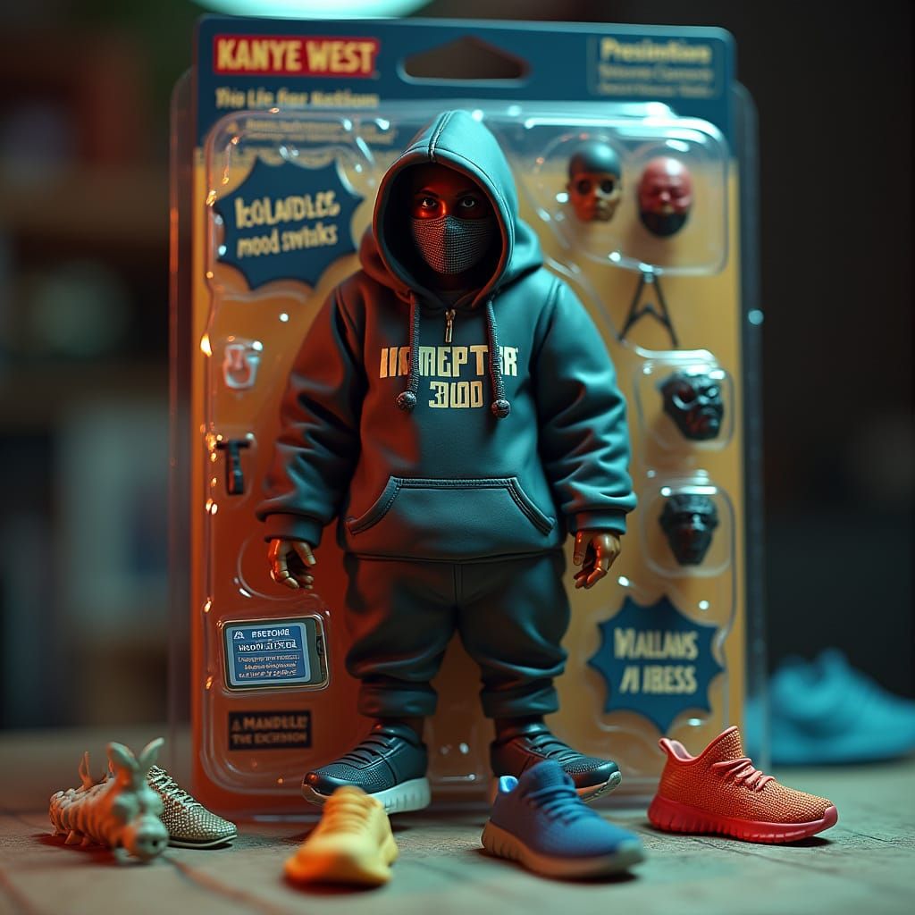 Kanye West Action Figure in Oversized Hoodie and Face Mask