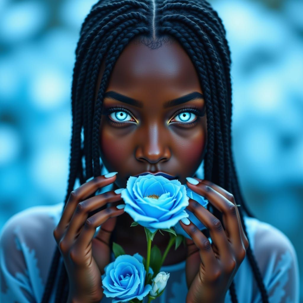 African Maiden with Blue Eyes and Roses