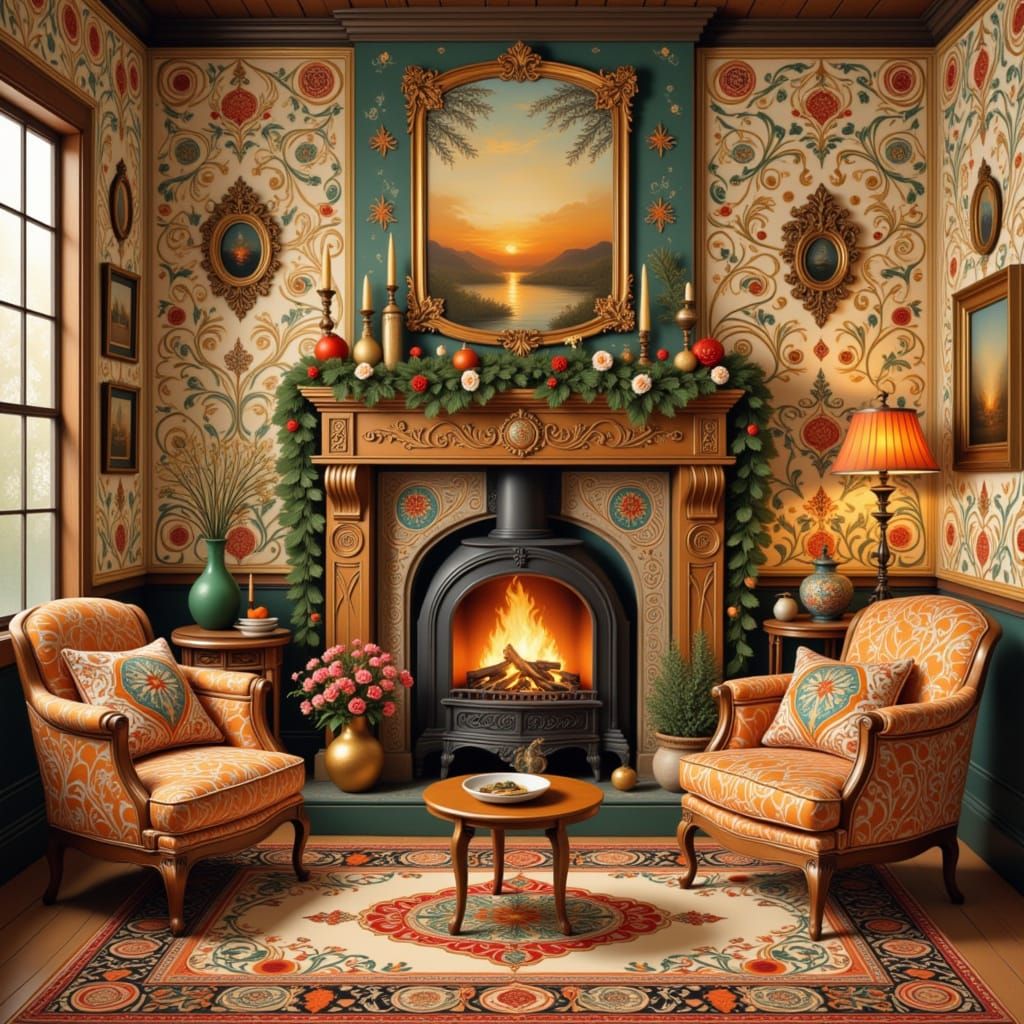 Whimsical Winter Wonderland in Folk Art Nouveau Style