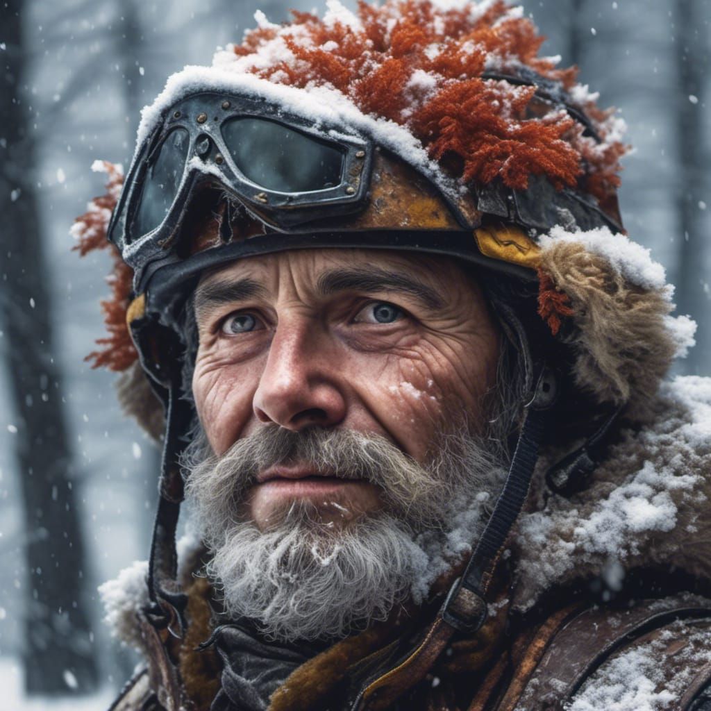 Hyperrealistic Scout Captain in Snowy Woods Portrait