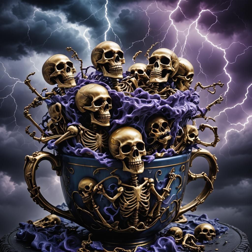 Cup of Skeletons in Gothic Surrealism Style