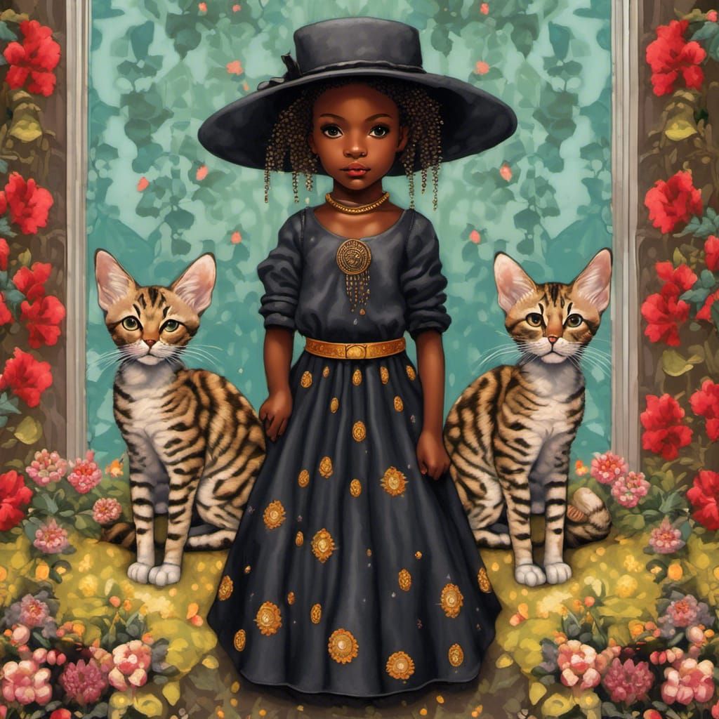 Black Cat and Toddler in Tapestry Style