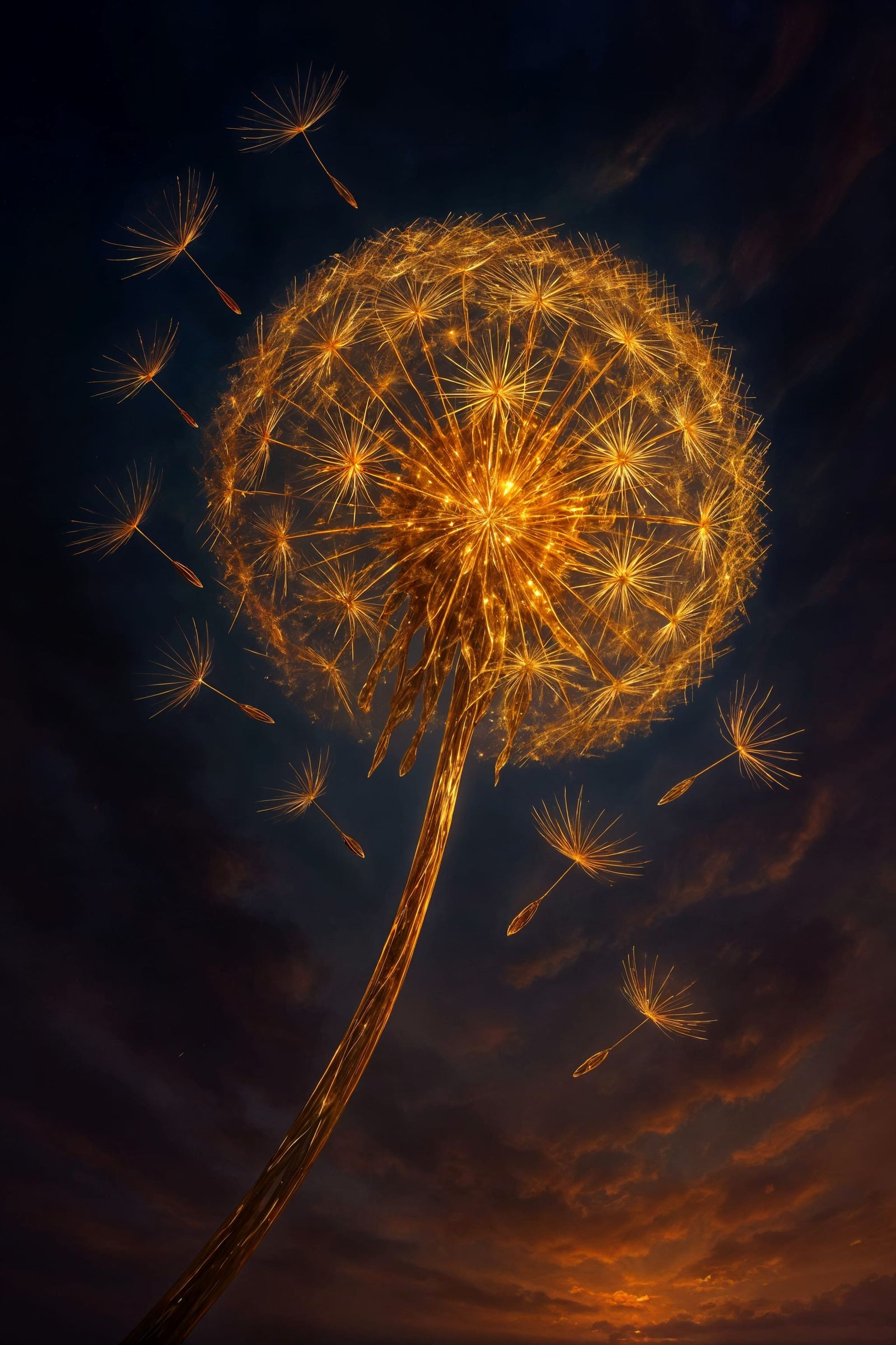 Golden Dandelion Seed Sculpture in Flight