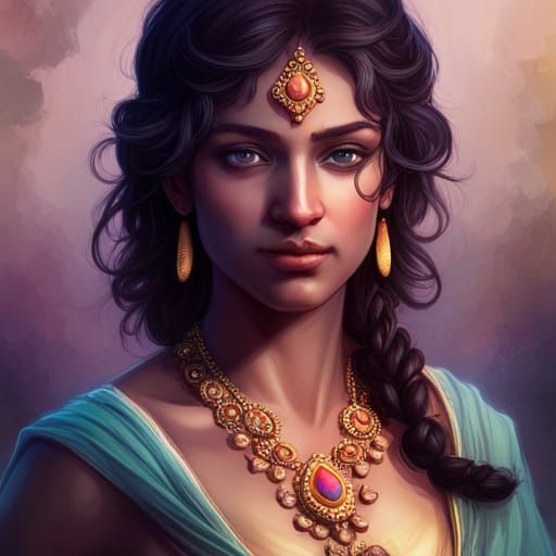 Detailed Portrait of Krishna in Art Nouveau Style