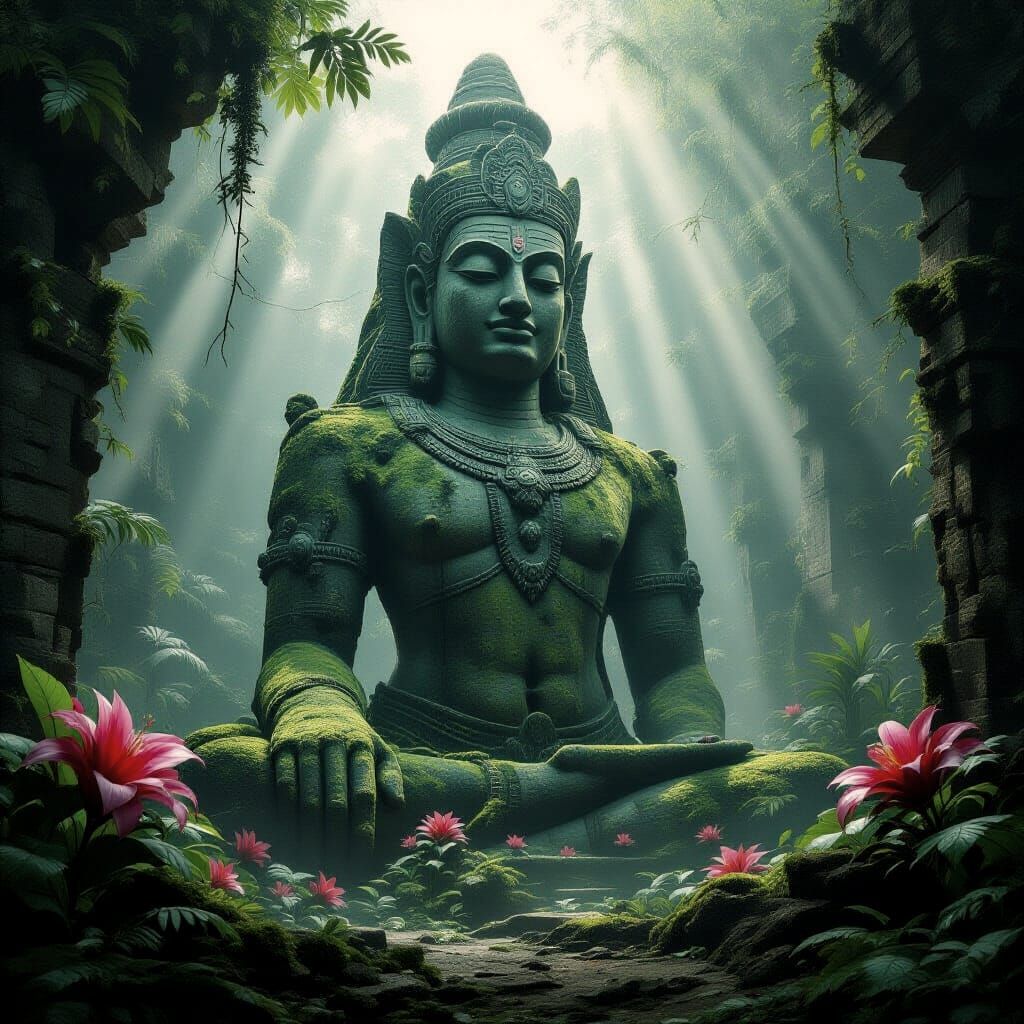 Ancient Stone Deity in Misty Jungle Clearing