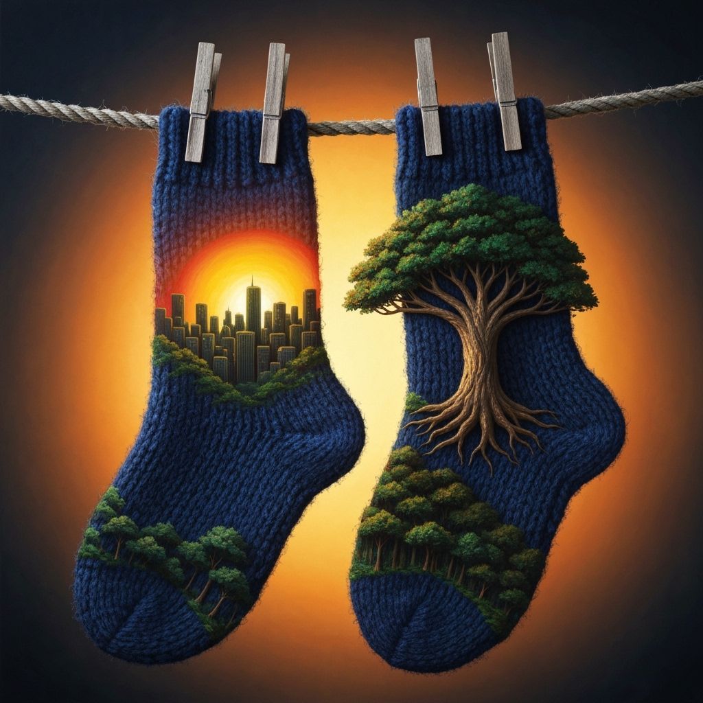 Knitted Woolen Socks Depicting a Sunlit Tree City