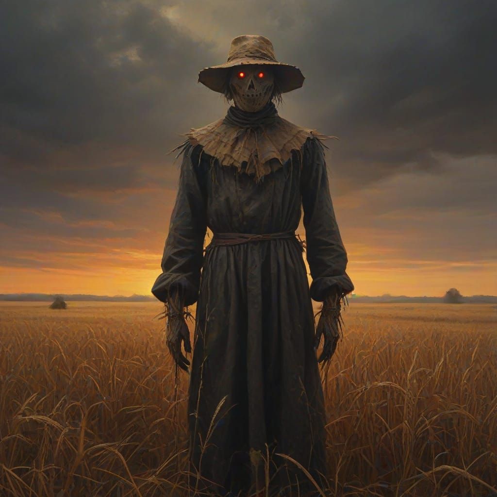 Mysterious Scarecrow in Desolate Field, Vibrant Oil Painting