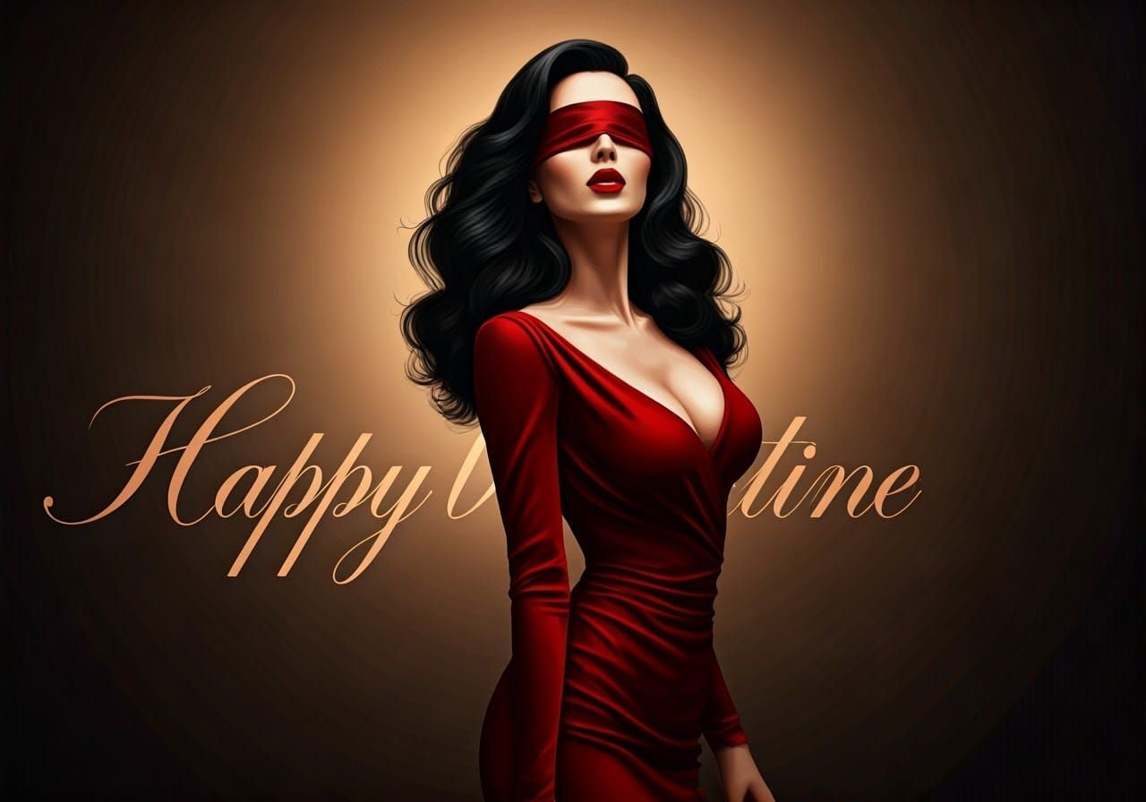 Romantic Pin-Up Girl in Velvet Red Dress and Blindfold