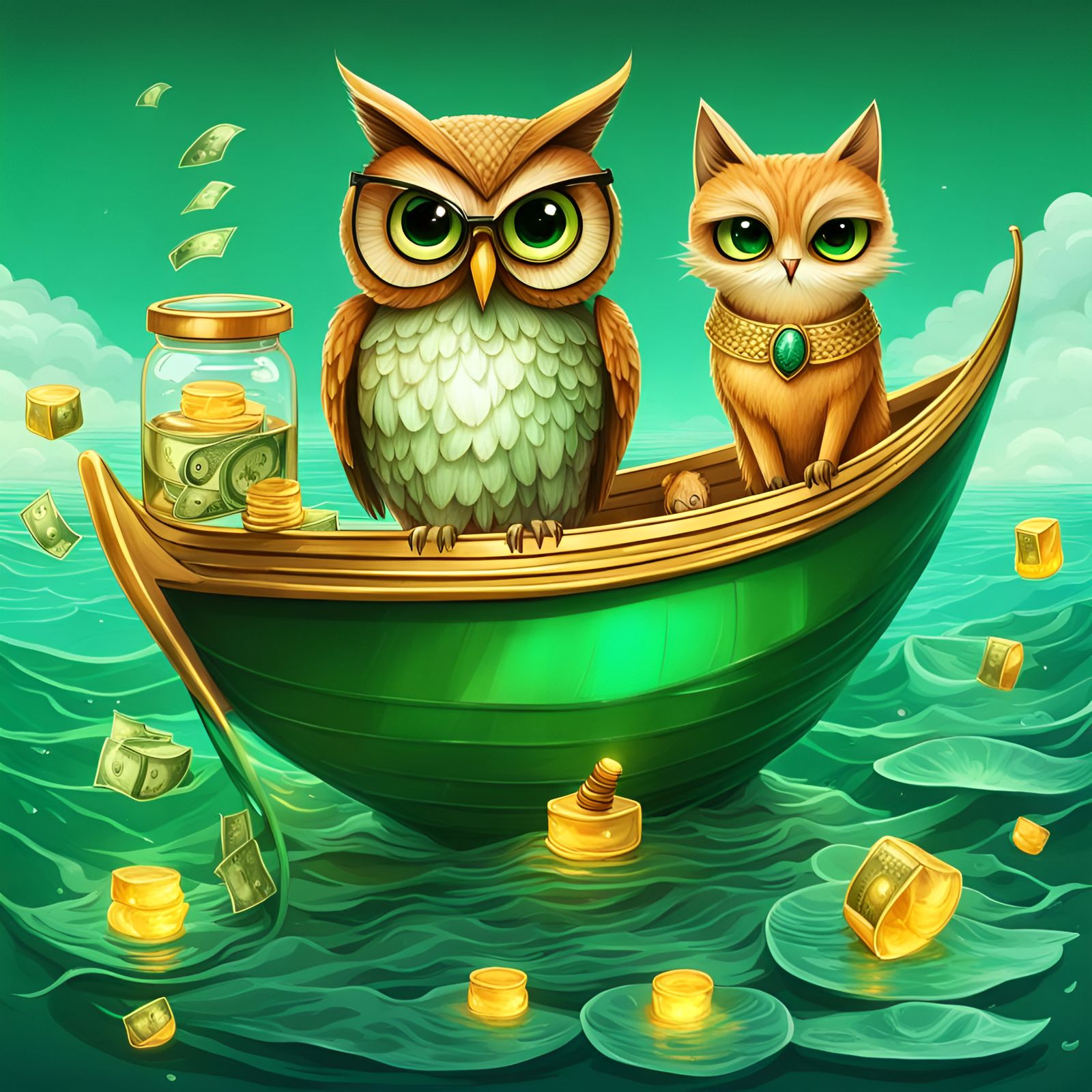 Owl and Cat Sail Emerald Boat on Ocean