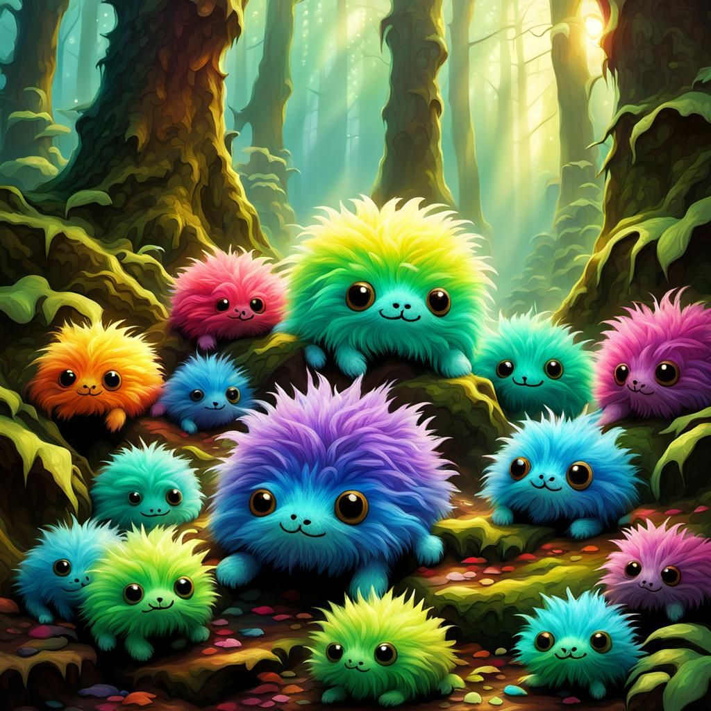 Colorful Fluffy Sprites in Enchanted Forest, Digital Art