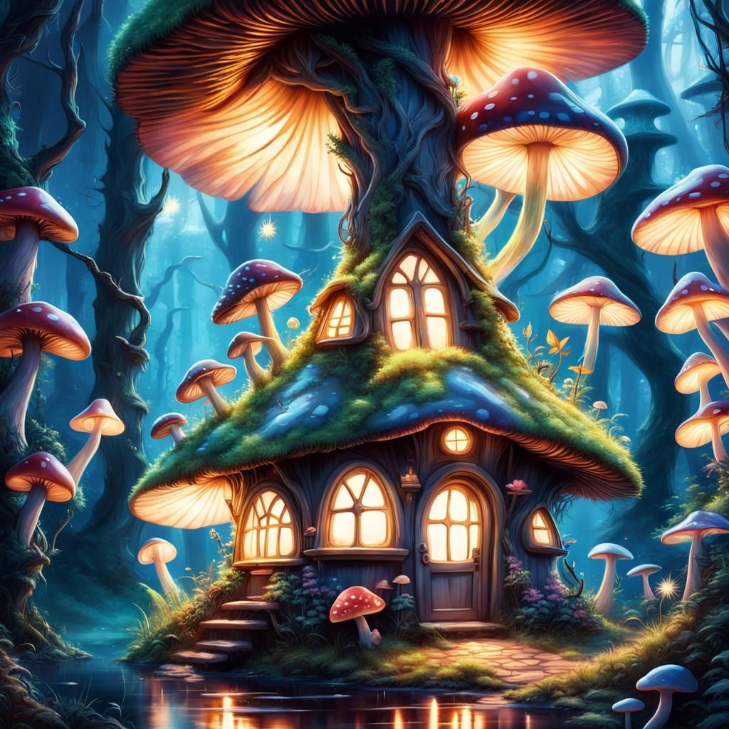 Tinkerbell's Enchanted Mushroom House in Bioluminescent Fore...