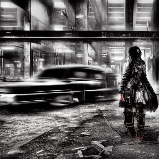 Goth Cyberpunk Fashion Model in Abandoned Coffee Shop