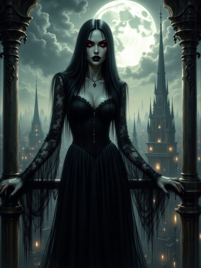 Elegant Vampire Woman on Moonlit Balcony
