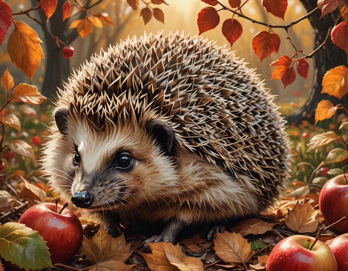 Idyllic Hedgehog Eating Apple in Golden Light