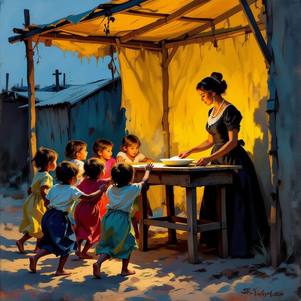 Children Seek Food: Digital Painting in Dramatic Style