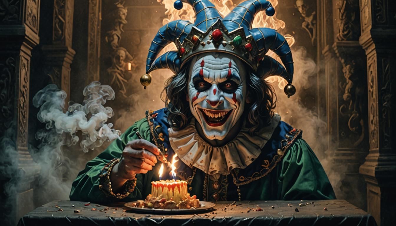 Silver crown for a (jester:1.5) of evil humor-smoke+toxic+licking (fatal:1.3). intricately detailed volumetric lighting,...