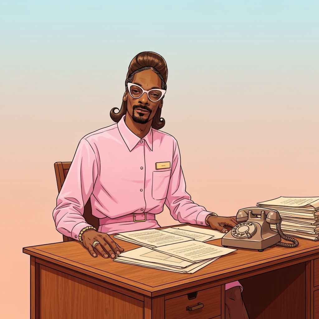 Snoop Dogg as a Retro Secretary in Playful Illustration